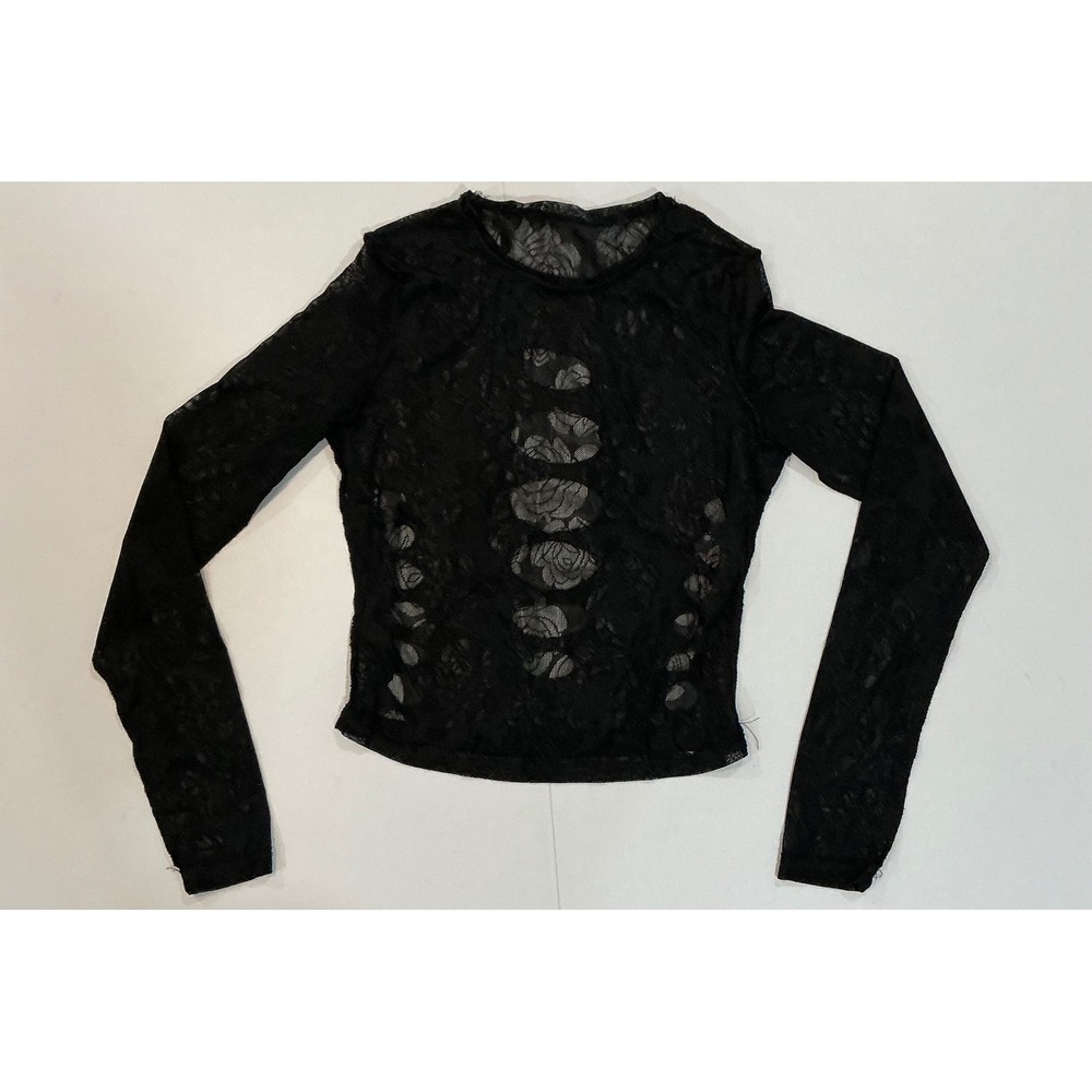 Whisigoth Sheer Lace Cutout Distressed Goth Vamp Long Sleeve Top Womens M Black
